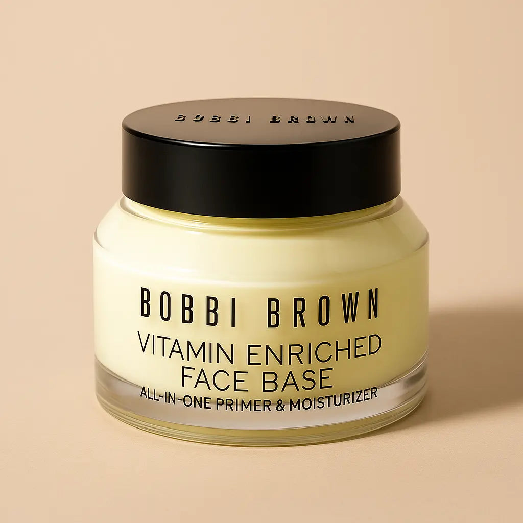 Bobbi Brown Vitamin Enriched Face Base moisturizer jar with black lid displayed aesthetically on a neutral background