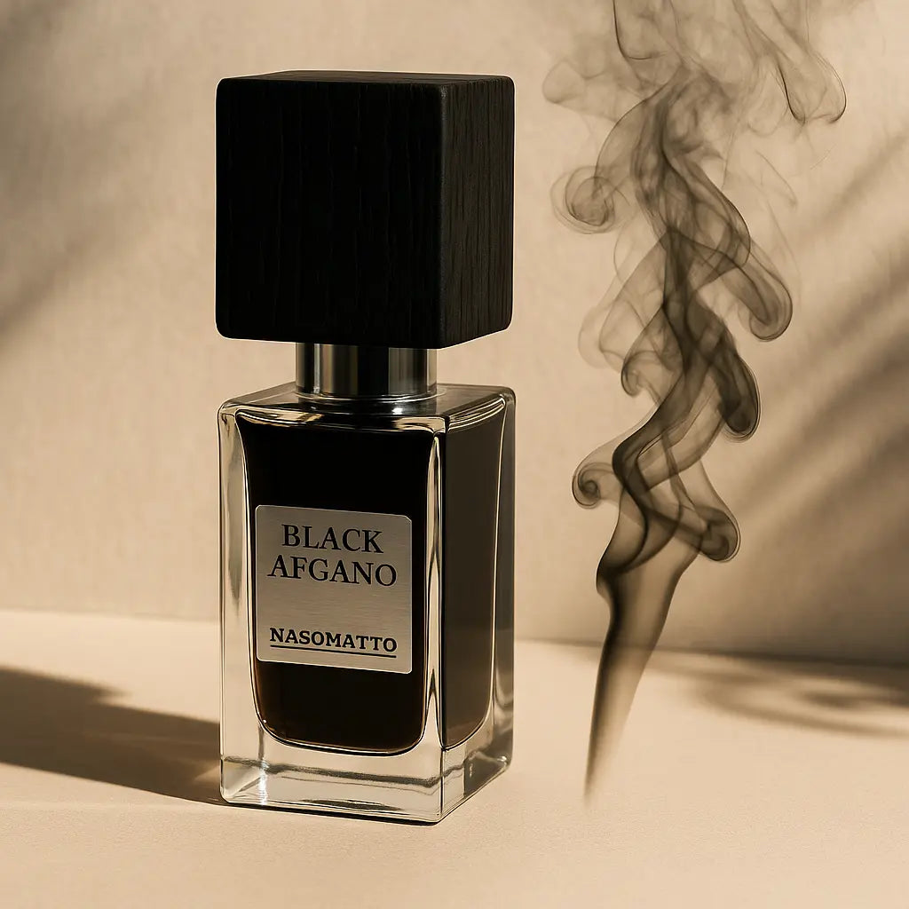 A bottle of Nasomatto Black Afgano perfume placed on a beige surface with artistic smoke rising beside it.