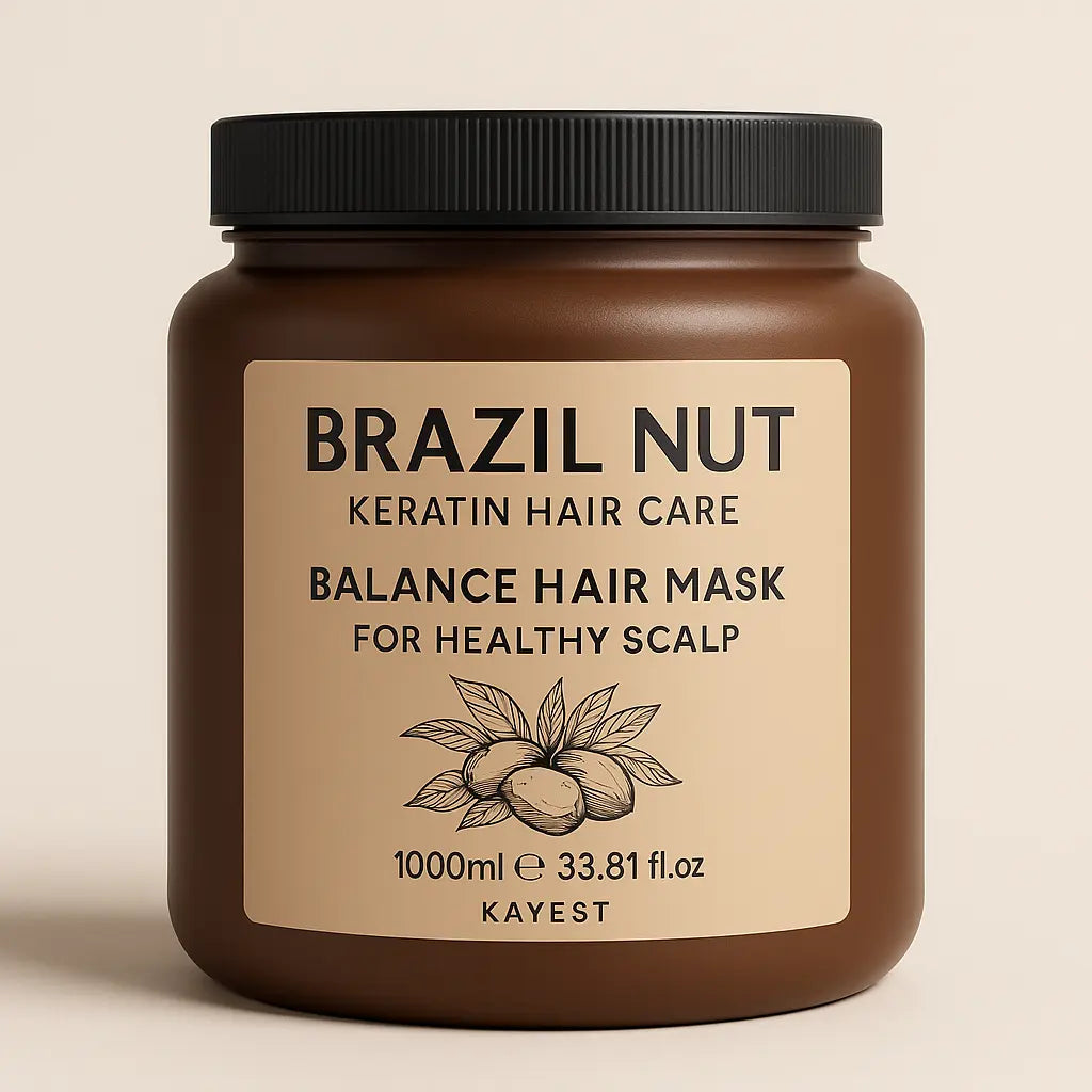 Brazil Nut Keratin Hair Care Balance Hair Mask 1000ml jar on a beige background, showing the brown container with cream label and nut illustration
