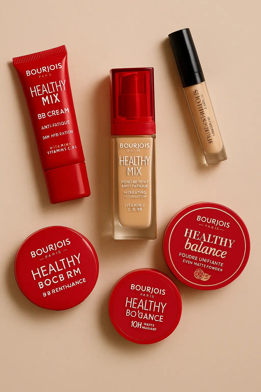 Bourjois makeup products,Healthy Mix BB Cream, Healthy Mix foundation, concealer, and compact powders, styled neatly for a clean beauty look.