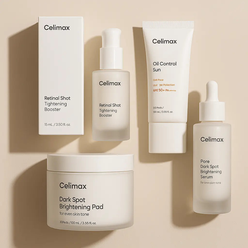 Celimax skincare products arranged aesthetically on a clean neutral background, including retinol serum, sunscreen, brightening pads, and pore brightening serum.”