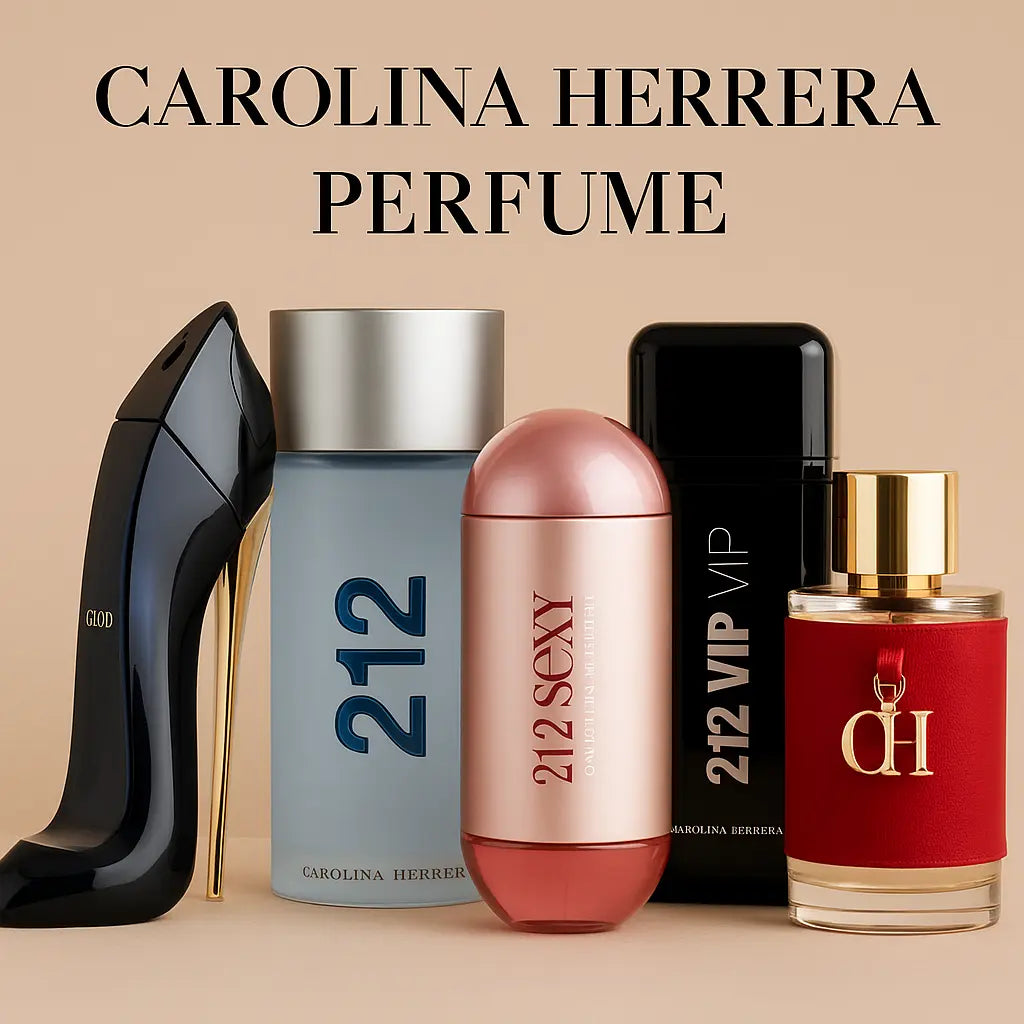 A lineup of Carolina Herrera perfumes including Good Girl, 212 Men, 212 Sexy, 212 VIP, and CH, displayed together against a beige background