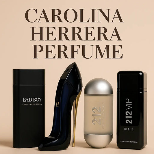 A collection of Carolina Herrera perfumes including Bad Boy, Good Girl, 212, and 212 VIP Black displayed together on a beige background