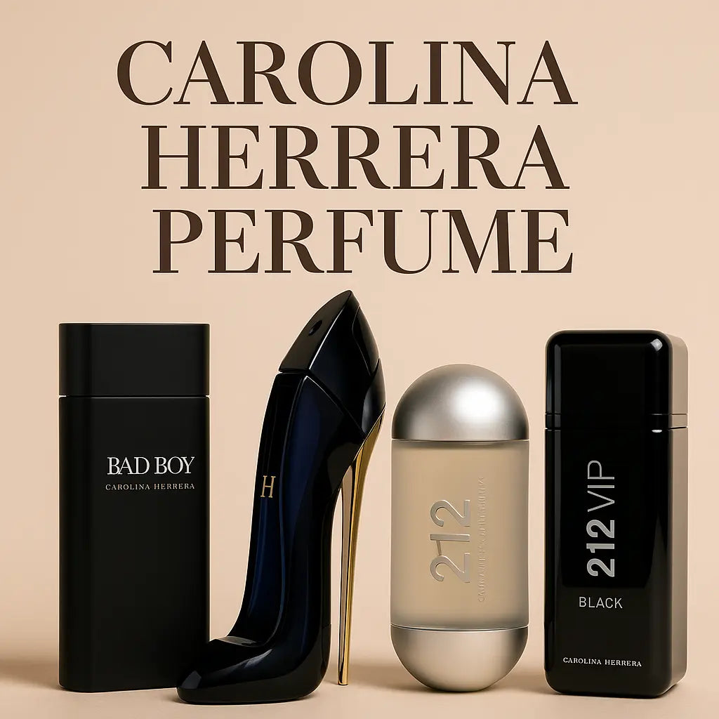 A collection of Carolina Herrera perfumes including Bad Boy, Good Girl, 212, and 212 VIP Black displayed together on a beige background