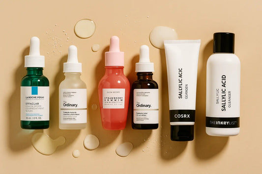 a collection of all salicyclic serum on a beige colour table available at khayest.