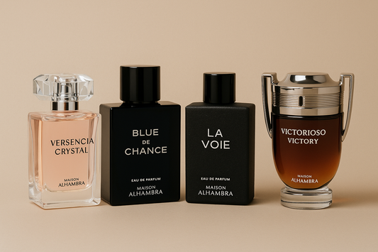 photograph showcases four Maison Alhambra perfumes reflecting luxurious and modern collection