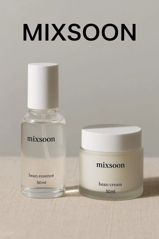  Mixsoon Bean Essence Serum and Mixsoon Bean Cream placed on a light background with elegant lighting