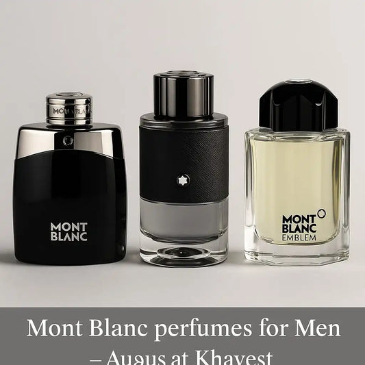Mont Blanc perfumes for men featuring Legend, Explorer, and Emblem bottles on a reflective surface