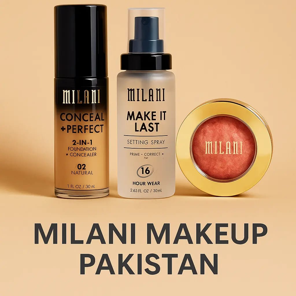 Milani makeup products including foundation, setting spray, and blush displayed elegantly on a beige background for online sale in Pakistan.