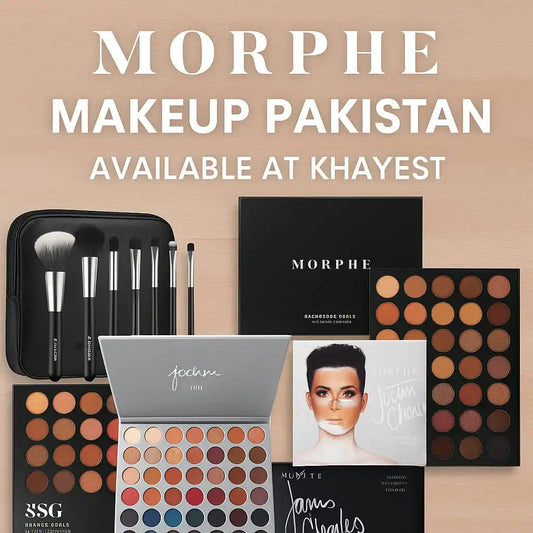 image featuring various Morphe eyeshadow palettes, makeup brushes, and beauty products arranged on a soft beige background with the text “Morphe Makeup Pakistan – Available at Khayest” displayed elegantly.