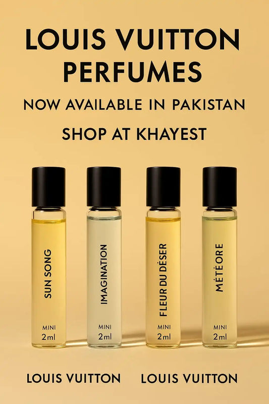 Louis Vuitton mini perfume bottles — Sun Song, Météore, Imagination, Fleur du Désert, and Contre Moi — displayed on a reflective beige surface with warm golden lighting. The text on the image reads “Louis Vuitton Perfumes – Available in Pakistan