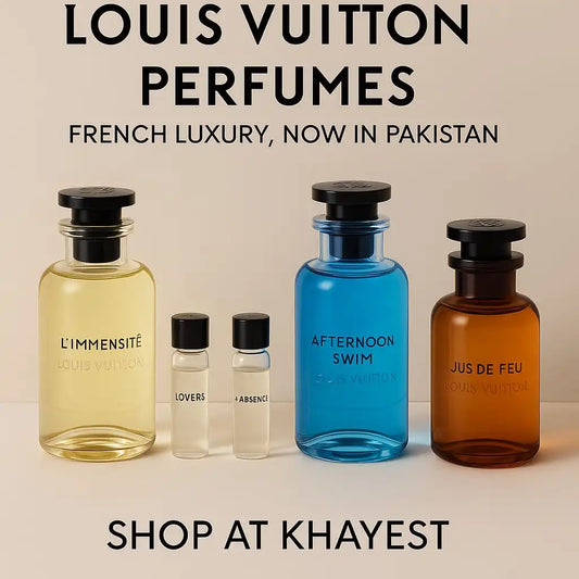 five Louis Vuitton perfume bottles — L’Immensité, Lovers, Heures d’Absence, Afternoon Swim, and Jus de Feu