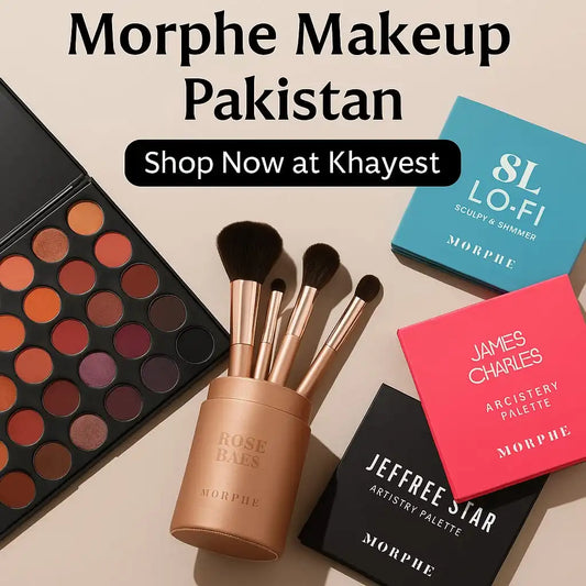 Morphe makeup products including eyeshadow palettes, blush palettes, and makeup brushes arranged on a soft beige background, with stylish text reading “Morphe Makeup Pakistan – Shop Now at Khayest.”