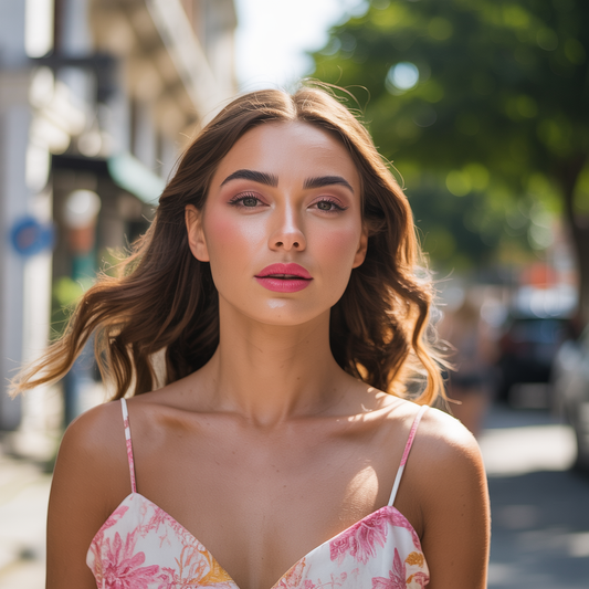 Model walking through summer heat with the summer proof maybelline products