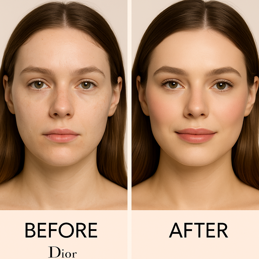 Image showing before and after effects of using dior products on a model. From dull to vibrant and glowing skin.