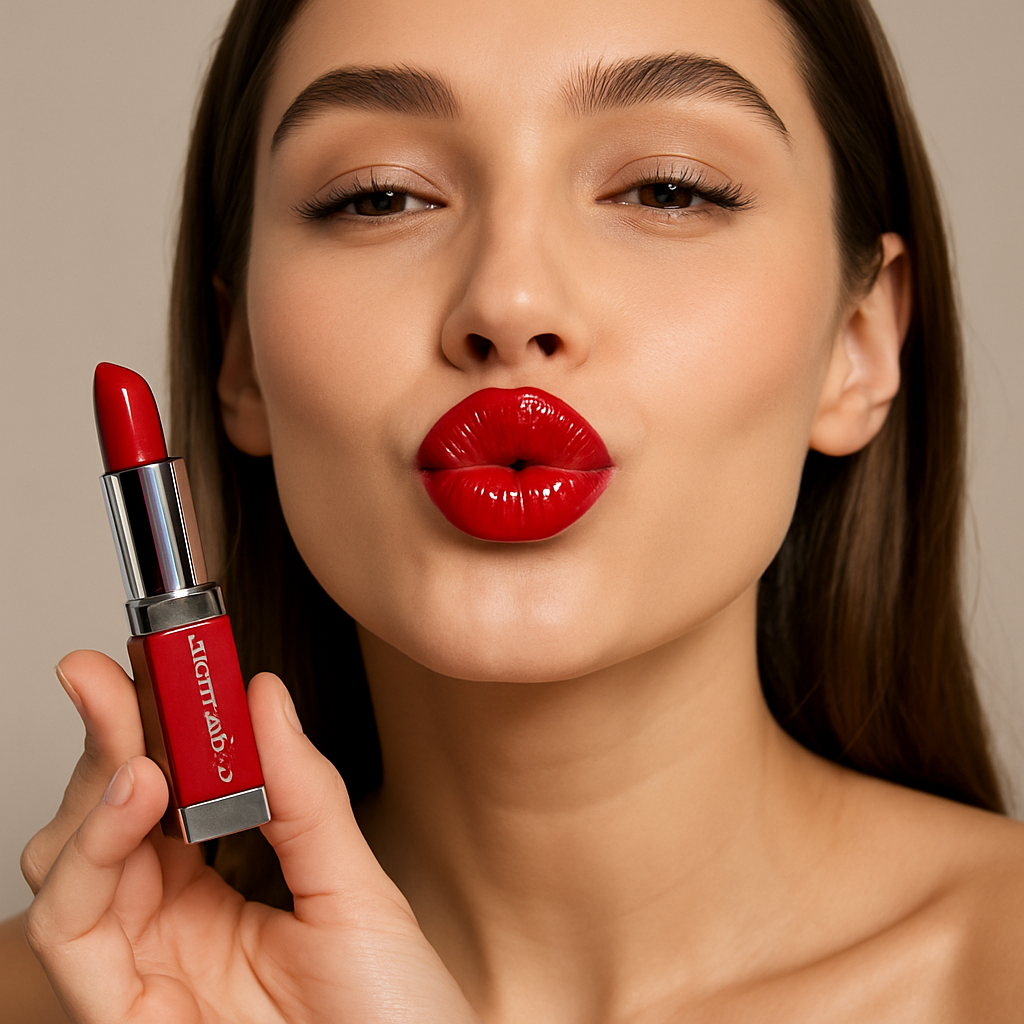 Female model applying Maybelling Lipstick