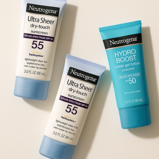 Neutrogena sunscreen flat lay with Ultra Sheer and Hydro Boost for lightweight broad‑spectrum protection