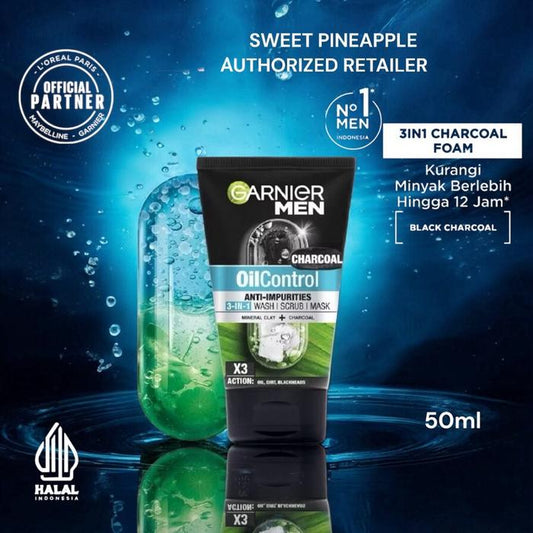 Garnier Men Charcoal Oil Control Anti Impurities 3 in 1 Face Wash 100Ml - Khayest