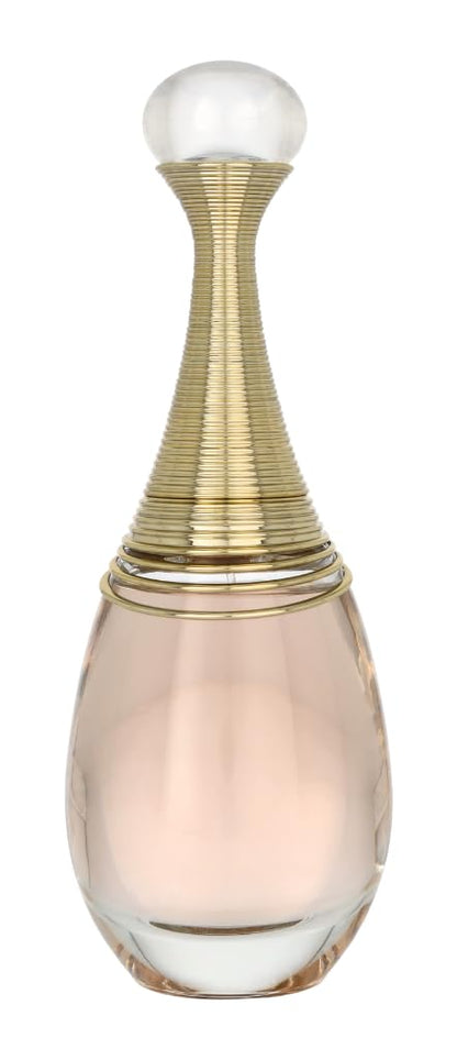 Dior Perfume J'adore EDP 100ml bottle with signature gold-ribbed neck, white pearl cap, and elegant rose-gold liquid fragrance.