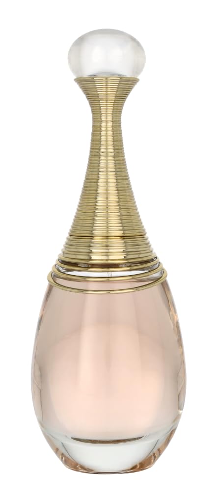 Dior Perfume J'adore EDP 100ml bottle with signature gold-ribbed neck, white pearl cap, and elegant rose-gold liquid fragrance.