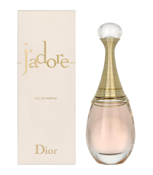 Dior Perfume J'adore EDP 100ml luxury packaging featuring cream box with gold lettering alongside the iconic bottle with gold neck design.