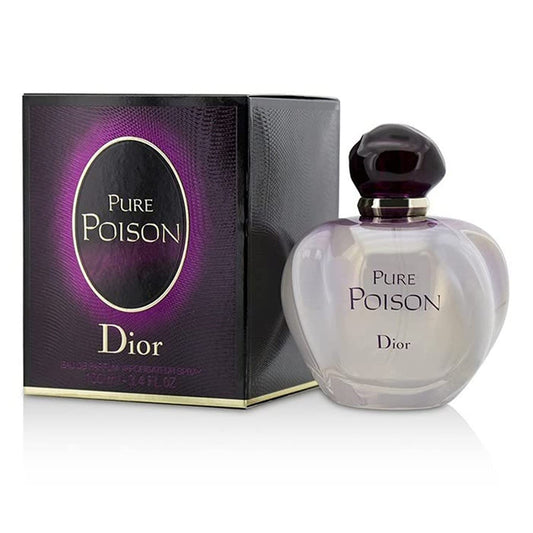 Dior Pure Poison perfume bottle shown next to its official dark purple and black packaging.