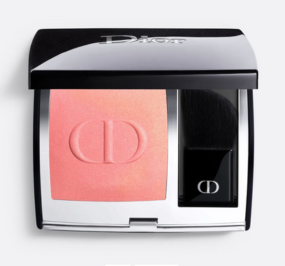 Dior Rouge Blush On in coral pink with subtle shimmer finish, showcased in designer black compact with built-in application brush.