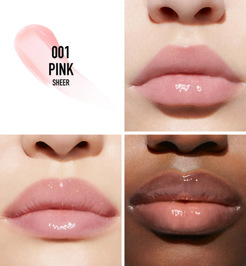 Lip swatches of Dior Addict Lip Maximizer in 001 Pink on three models with different skin tones, showing its sheer finish.