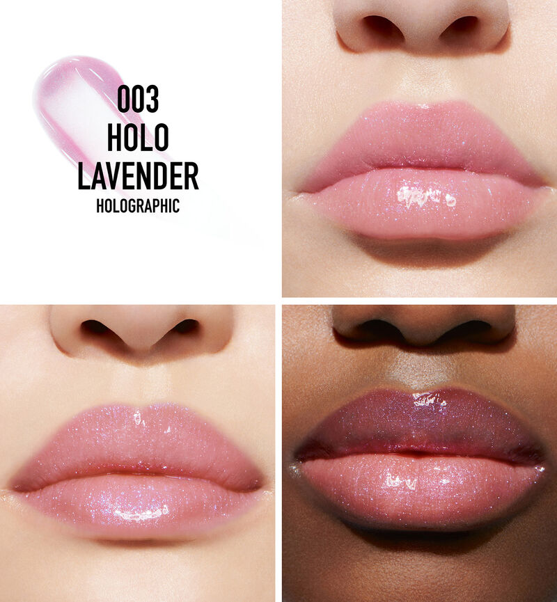 Lip swatches of the holographic shade 003 Holo Lavender from the Dior Addict Lip Maximizer range on three models.