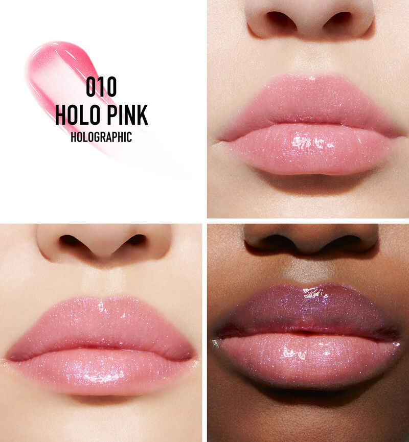 Swatch and lip application of Dior Addict Lip Maximizer in the shade 010 Holo Pink on three different skin tones.