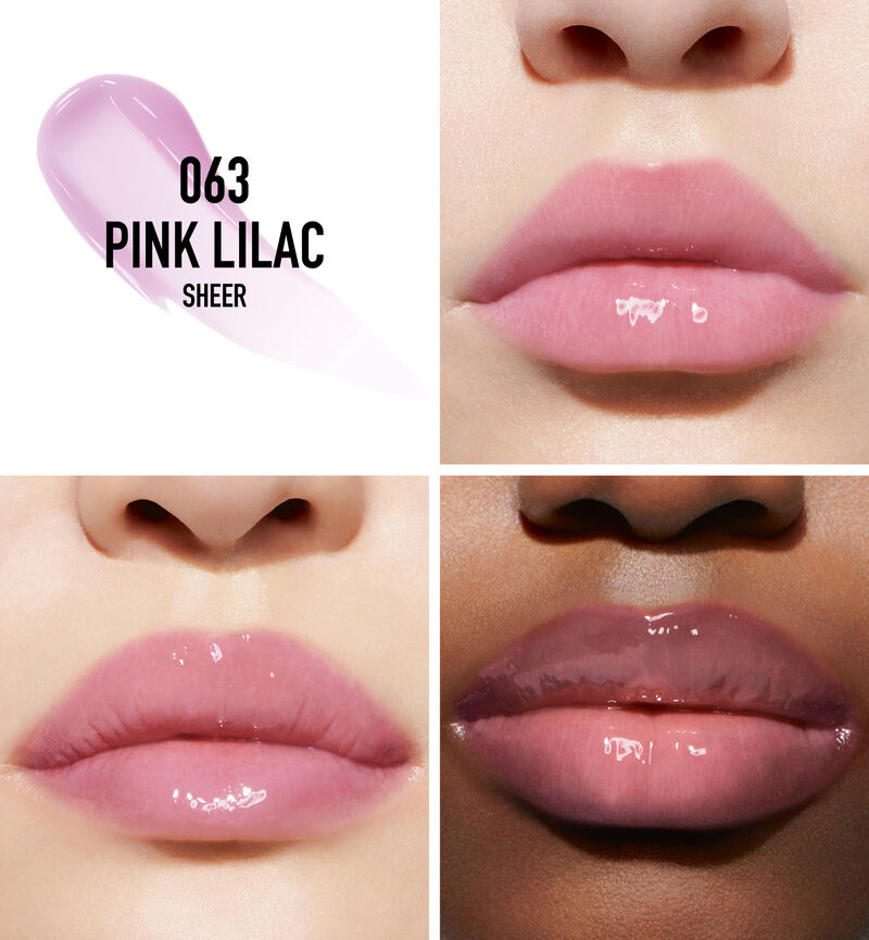 Swatch and lip application of Dior Addict Lip Maximizer gloss in sheer 063 Pink Lilac on three diverse models.