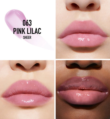Swatch and lip application of Dior Addict Lip Maximizer gloss in sheer 063 Pink Lilac on three diverse models.