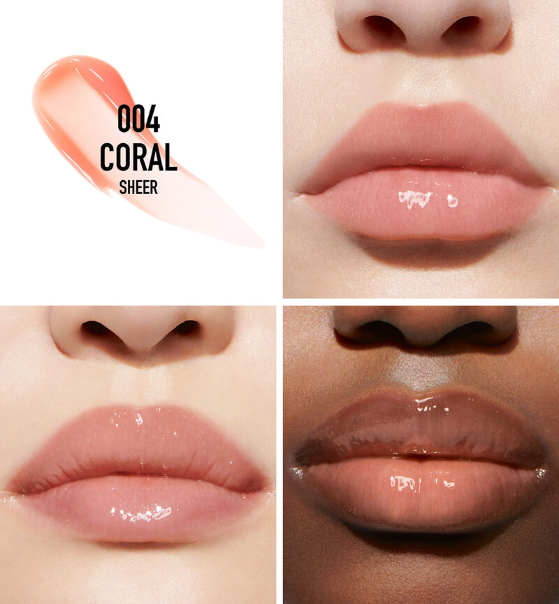 Three models wearing Dior Addict Lip Maximizer 004 Coral Sheer lip gloss.