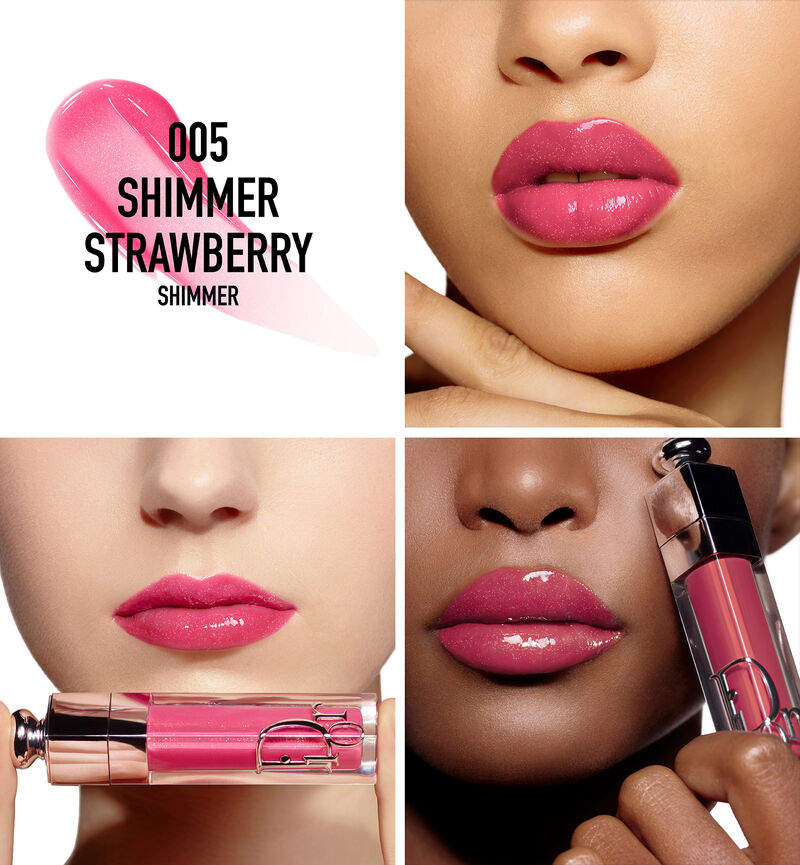 Three models wearing Dior Addict Lip Maximizer 005 Shimmer Strawberry lip gloss.