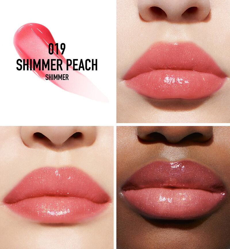 Three models wearing Dior Addict Lip Maximizer 019 Shimmer Peach lip gloss.