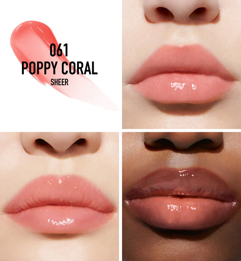 Three models wearing Dior Addict Lip Maximizer 061 Poppy Coral Sheer lip gloss.