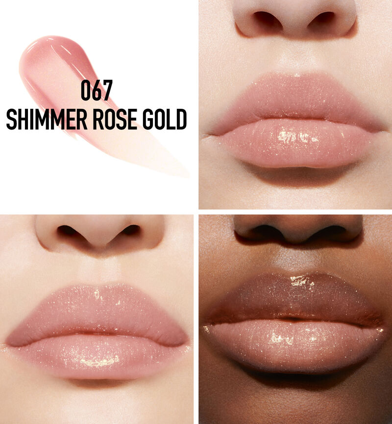Three models wearing Dior Addict Lip Maximizer 067 Shimmer Rose Gold lip gloss.