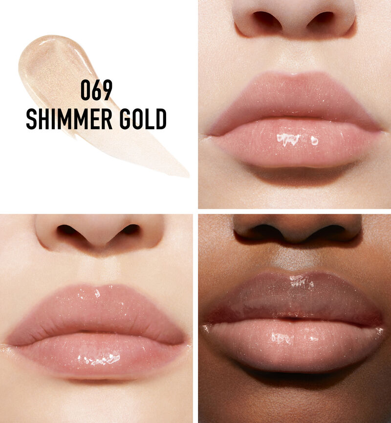 Three models wearing Dior Addict Lip Maximizer 069 Shimmer Gold lip gloss.