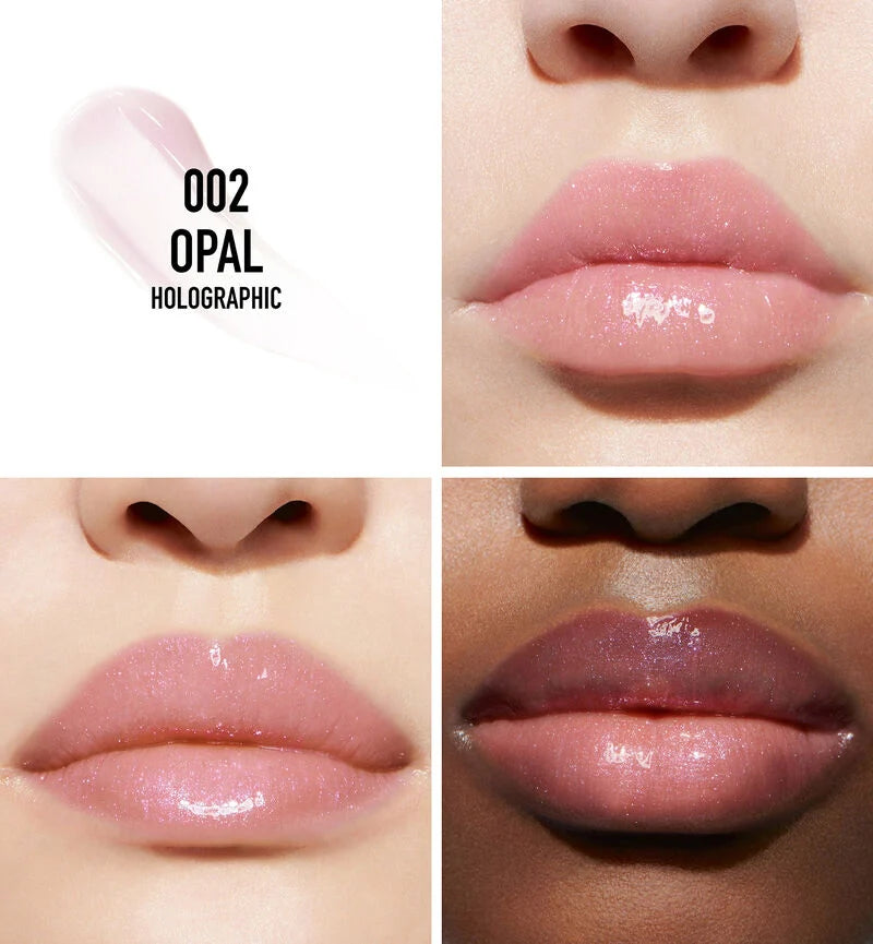 The holographic lip gloss shade 002 Opal of Dior Addict Lip Maximizer shown on the lips of three models.