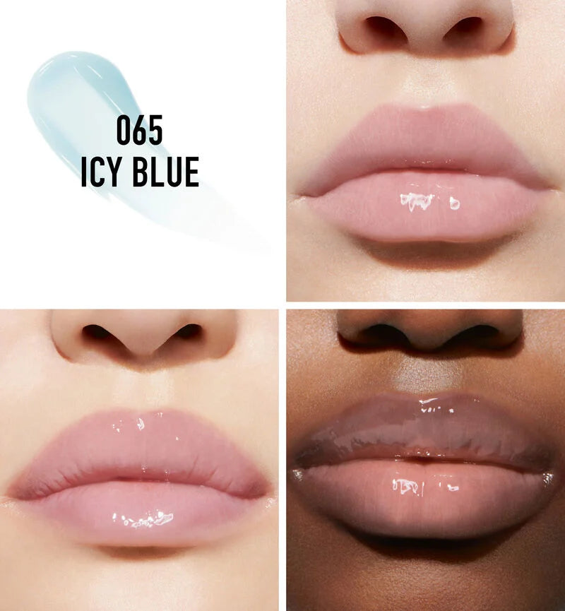 Three models showcasing the Dior Addict Lip Maximizer in 065 Icy Blue, plus a product swatch.