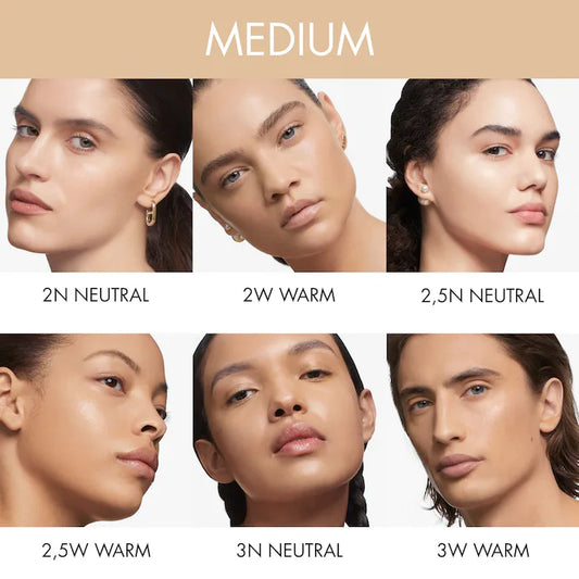 Models showcasing medium shades of Dior Forever Skin Glow foundation with neutral and warm undertones.