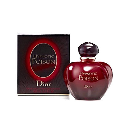 A bottle of Dior Hypnotic Poison EDT Perfume for Women, featuring its distinctive red apple-shaped design with a black cap next to the branded box.