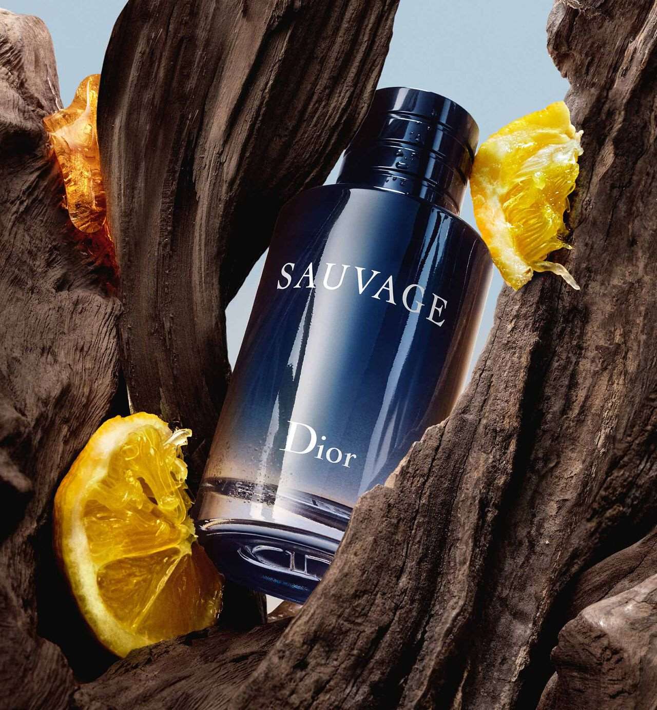 Dior Sauvage perfume bottle nestled amongst rich wood and fresh citrus slices, highlighting its vibrant and woody scent profile.