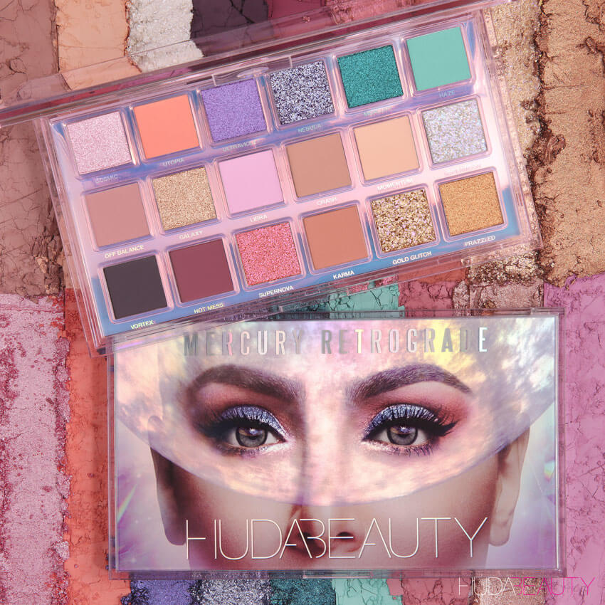 Huda Beauty Mercury Retrograde Eyeshadow Palette open and closed packaging - Khayest