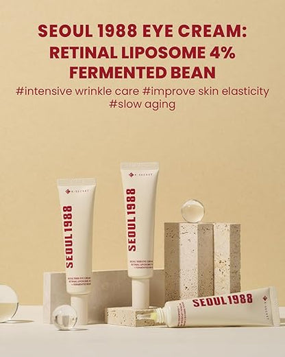 SEOUL 1988 Retinal Liposome 4% + Fermented Bean Eye Cream, highlighting intensive wrinkle care and improved skin elasticity.


