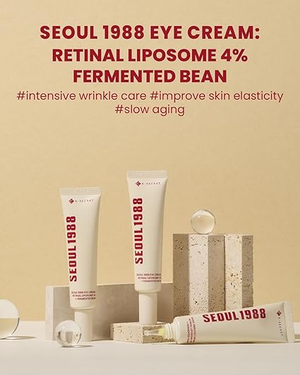 SEOUL 1988 Retinal Liposome 4% + Fermented Bean Eye Cream, highlighting intensive wrinkle care and improved skin elasticity.

