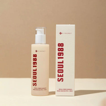 SEOUL 1988 Snail Mucin 97% + Rice Essence product bottle and packaging by K-SECRET.
