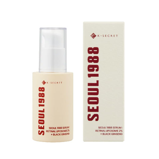 SEOUL 1988 Retinal Serum bottle with Liposome 2% and Black Ginseng, featuring minimalist packaging and pump dispenser, ideal for anti-aging and brightening in Korean skincare routines.