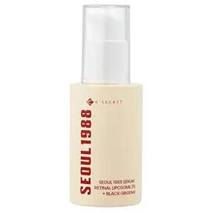 SEOUL 1988 Retinal Serum bottle with Liposome 2% and Black Ginseng, featuring minimalist packaging and pump dispenser, ideal for anti-aging and brightening in Korean skincare routines.
