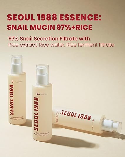 KSECRET SEOUL 1988 Snail Mucin 97% + Rice Essence, highlighting its key ingredients and benefits for skin hydration and repair.

